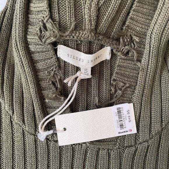 Gilded Intent Women's Distressed Sweater ribbed knit Olive Green size S NWT - Picture 6 of 7